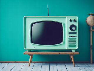 Old retro green television on green background, AI Generatetive.