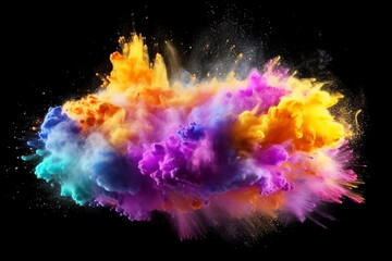 Abstract background with multicoloured powder splashes explosion on black background. Creative concept of make-up, decorative cosmetics. Generated by AI