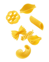 Falling uncooked Italian Pasta, isolated on white background, full depth of field