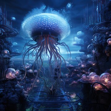 Giant jellyfish in a fantasy underwater landscape