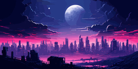 Futuristic vaporwave cyberpunk vector art with a city skyline at night with purple hues. © W&S Stock