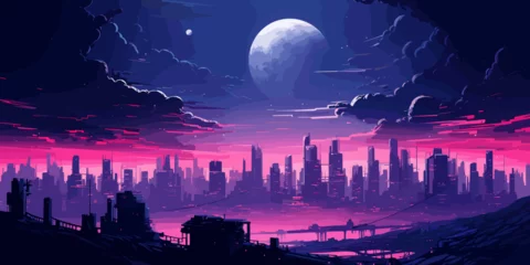 Rolgordijnen Futuristic vaporwave cyberpunk vector art with a city skyline at night with purple hues. © W&S Stock