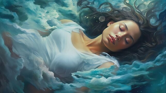 Image of a person sleeping, connected to an ethereal world where ideas materialize, showing dream-like realms. Generative AI.