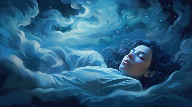 Image of a person sleeping, connected to an ethereal world where ideas materialize, showing dream-like realms. Generative AI.