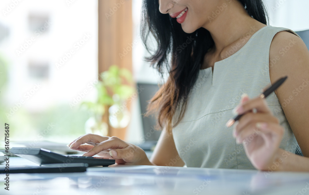 Aufkleber professional businesswoman using calculator and analysing financial graph or checking the statistics