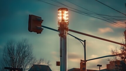 A street lamp post with a public lighting fixture and an attached 5G mobile telecommunication antenna. Generative AI.