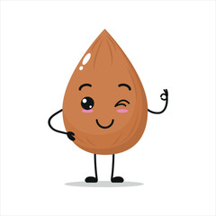 Cute happy almond character. Funny smiling and blink almond cartoon emoticon in flat style. nut emoji vector illustration