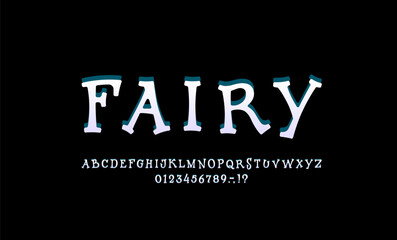 Fairy taly alphabet, fantasy font made wonderland style, magical uppercase Latin letters and Arab numerals, vector illustration 10EPS