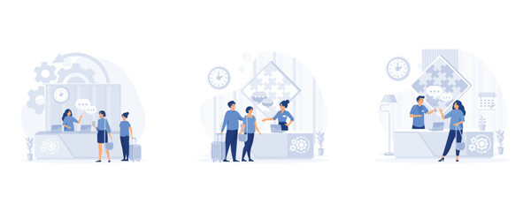 Hotel reception, Male customer standing at reception desk and talking to female receptionist.  set flat vector modern illustration	