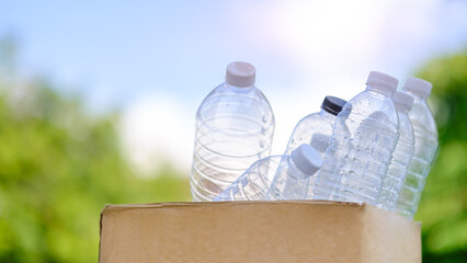 Recycling corrugated box .with used plastic bottles. Zero waste, waste sorting, ecology, concept.