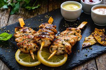 Souvlaki - grilled meat with vegetables on wooden background
