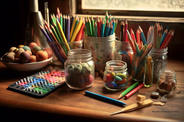 Still life with pencils and pens