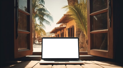 Fototapeta premium Laptop with cut out screen at sea resort. Remote work and business in palm paradise. Online purchase of air tickets and hotels. Copy space