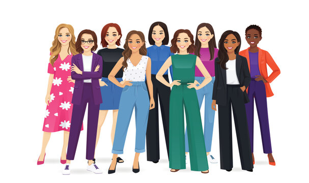 Multiethnic Multicultural Group Of Different Casual And Business Women Standing Together Isolated Vector Illustration