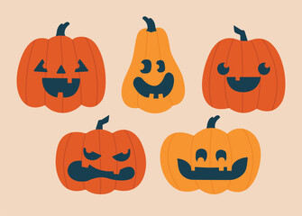 Creative cartoon cliparts for Halloween with evil, funny pumpkins. Cute hand drawn stickers, badges, labels, illustrations. Happy Halloween concept.