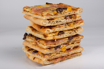 Pizza. Pizza stacked in pieces. Pizza cut into squares. Pizza Tower.

