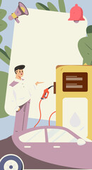 Vector internet operation hand-drawn illustration of people getting discounts for car refueling
