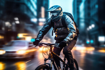 Obraz premium Male biker driving cycle at city street, motion blur effect. Created with Generative AI