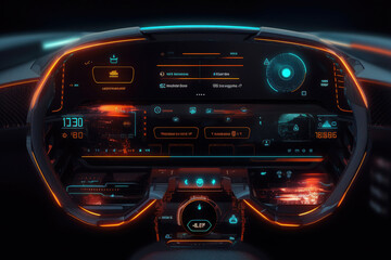 Futuristic autonomous vehicle cockpit. Interior of unmanned car cockpit with digital screens. Created with Generative AI - obrazy, fototapety, plakaty