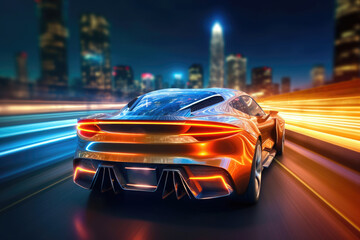 Plakat Car silhouette with motion blur effect. Futuristic sports car at night road with light effects. Supercar acceleration at night track with colored light trails. Created with Generative AI