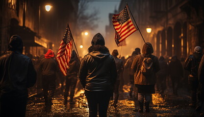 A photo capturing the intense atmosphere of a heated protest, with demonstrators fervently waving American flags in the air. - obrazy, fototapety, plakaty