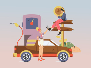 Vector internet operation hand-drawn illustration of people getting discounts for car refueling
