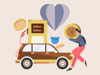 Vector internet operation hand-drawn illustration of people getting discounts for car refueling
