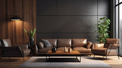 living room interior, modern living room with sofa, Interior leather sofa, mockup sofa, Interior of living room with leather sofa, Modern Style, Generative AI