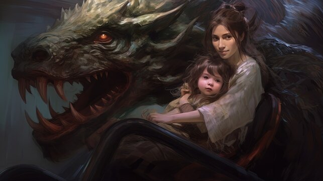 art illustration horror fantasy a giant serpent with sharp teeth with woman and girl, generative Ai