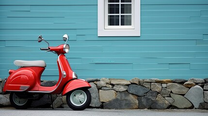 vintage scooter park with old house background, Generative Ai