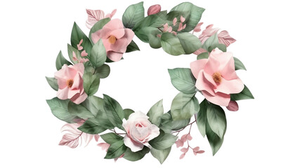 Watercolor Green leaves and blush pink flowers circle frame, for fashion, backgrounds, textures, DIY, cards, wedding stationary, greetings, wallpapers, wrappers, invitations, Generative ai