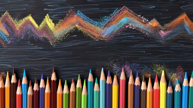 abstract background of color pencil stack on blackboard, Generative Ai