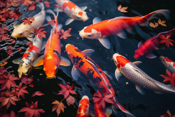 Obraz na płótnie Canvas Group of colorful koi fish swimming in a serene Japanese pond, top - down perspective