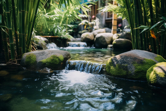 Japanese pond, top, waterm streanm rockm bamboo, flow