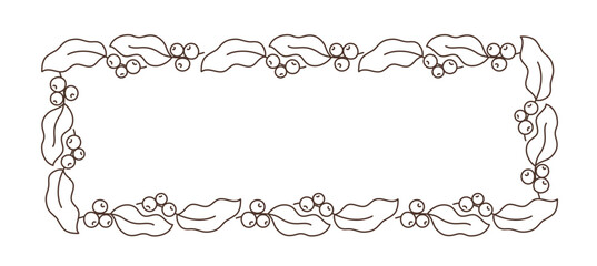 Coffee rectangular frame pattern ornament. Leaves with beans. Editable outline stroke. Vector line.
