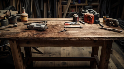 Hyper - realistic 4k image of a DIY project: a wooden coffee table mid - assembly, with scattered tools, screws, and blueprints nearby, contrasting against a textured