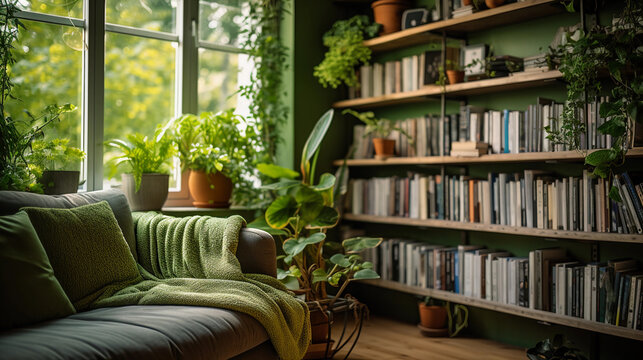 Hyperrealistic photograph of a beautifully decorated living room, vintage aesthetic, soft pastel colors, lush green indoor plants by the sunny window, rustic wooden furniture, bookshelf filled with as
