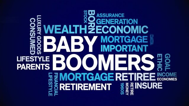 Baby Boomers animated tag word cloud;text design animation kinetic typography seamless loop.