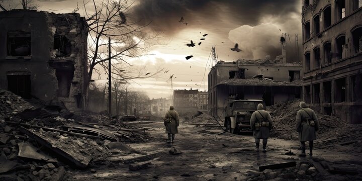 Generative AI. Walk through the Dead City. post apocalypse 3d concept illustration