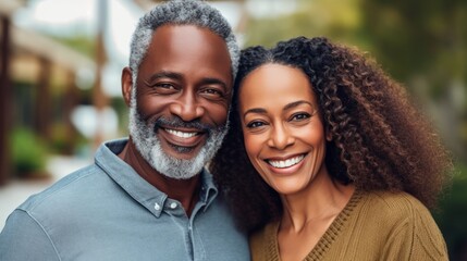 Portrait of happy African American couple looking at camera in the city. Portrait of smiling couple standing in street, lifestyle. Cheerful african american couple embracing each other. AI Generated.