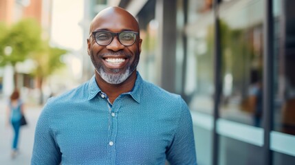 Senior African man in glasses smiling at the camera outdoors. Close-up portrait of a laughing handsome african american man in the city. Middle aged man walking in a city.  AI Generated