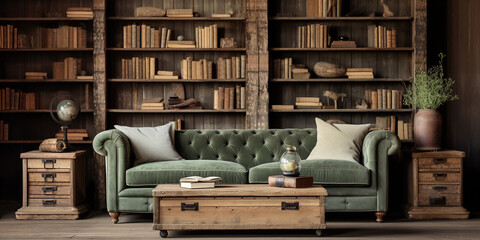 Hyper - realistic photography of a rustic, vintage - inspired living room bathed in soft afternoon light. Shelves filled with antique trinkets, a plush, sage - green velvet sofa with embroidered throw