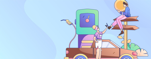 Vector internet operation hand-drawn illustration of people getting discounts for car refueling
