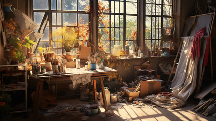 Fototapeta na wymiar Hyper - realistic photograph of an artist's studio during the golden hour: Sunlight filters in through a large, dust - filled window, illuminating an antique wooden table scattered with DIY crafts