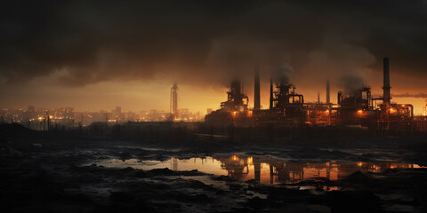 Fototapeta na wymiar Smoky industrial landscape, rusted factories, grey smoke, twilight sky, plastic