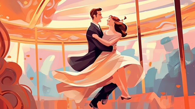 art illustration of couple perform dancing at ballroom banquet party, Generative Ai