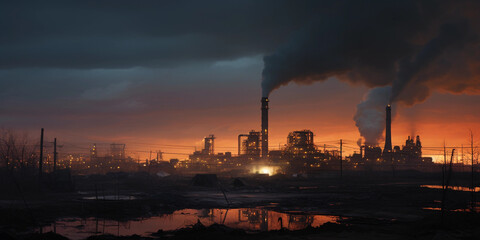 Smoky industrial landscape, rusted factories, grey smoke, twilight sky, plastic
