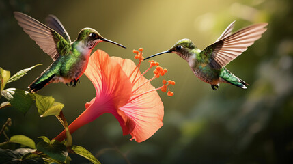 Fototapeta premium Two hummingbirds hovering around a vibrant hibiscus flower, macro photography