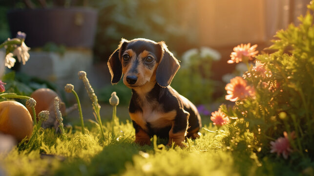 Soft focus image of an adorable Dachshund puppy in a sunlit garden, warm color palette, shallow depth of field
