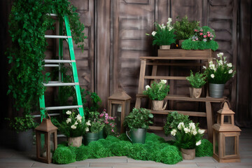 Fototapeta na wymiar Wooden ladder covered with flowers